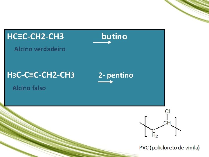 HC≡C-CH 2 -CH 3 butino Alcino verdadeiro H 3 C-C≡C-CH 2 -CH 3 2