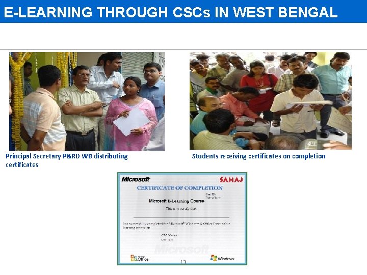 E-LEARNING THROUGH CSCs IN WEST BENGAL Principal Secretary P&RD WB distributing certificates Students receiving