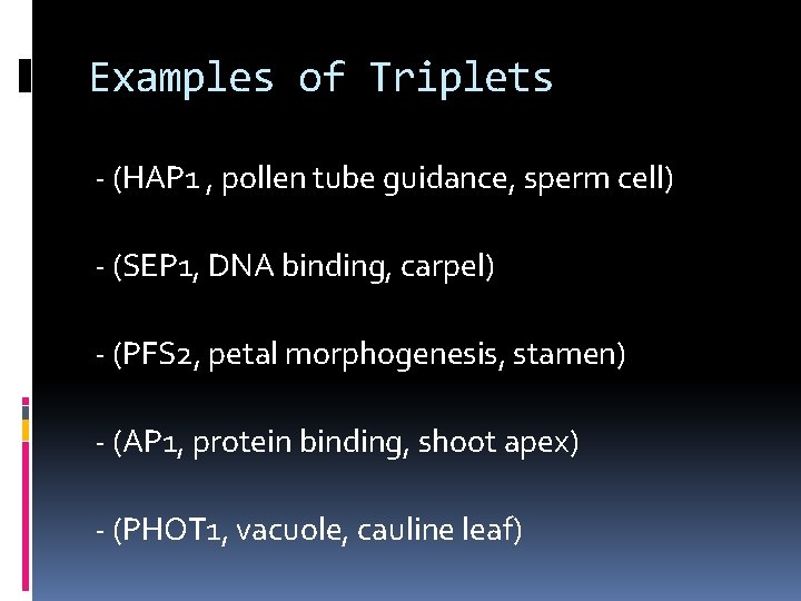 Examples of Triplets - (HAP 1 , pollen tube guidance, sperm cell) - (SEP