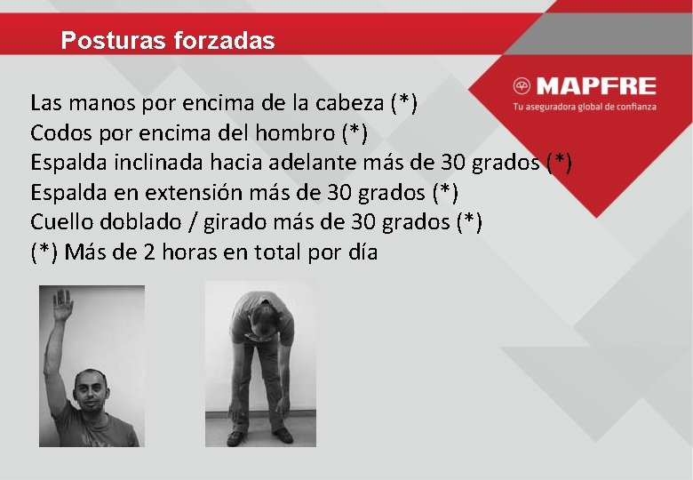 Posturas forzadas Las manos por encima de la cabeza (*) Codos por encima del
