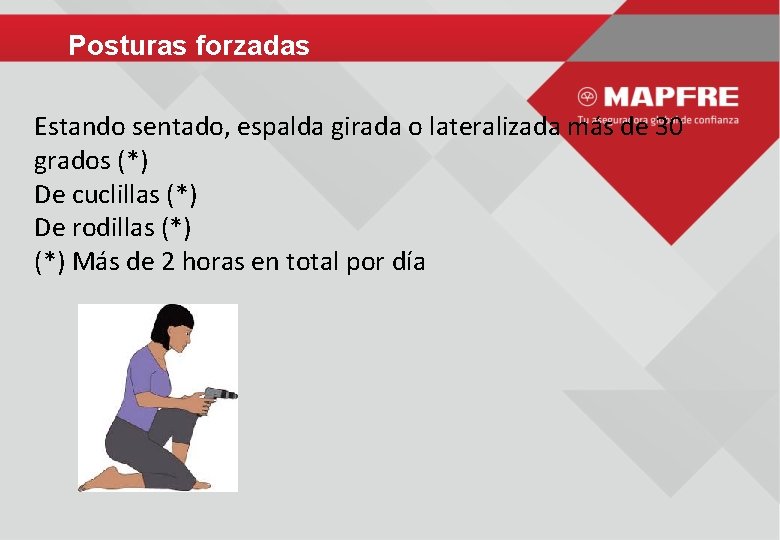 Posturas forzadas Estando sentado, espalda girada o lateralizada más de 30 grados (*) De