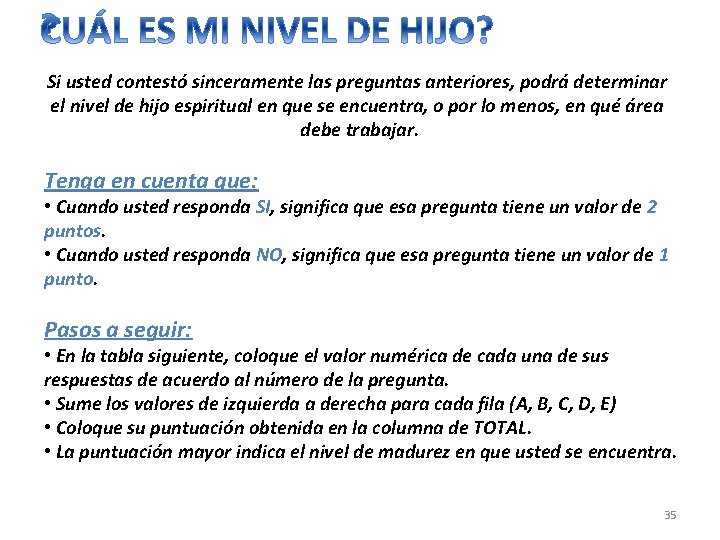 Si usted contestó sinceramente las preguntas anteriores, podrá determinar el nivel de hijo espiritual