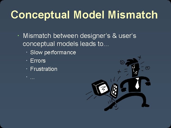 Conceptual Model Mismatch between designer’s & user’s conceptual models leads to… Slow performance Errors