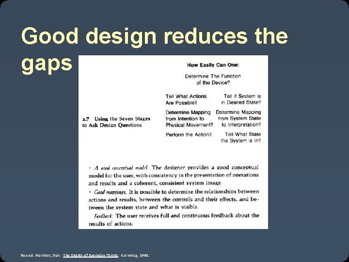 Good design reduces the gaps Source: Norman, Don. The Design of Everyday Things. Currency,