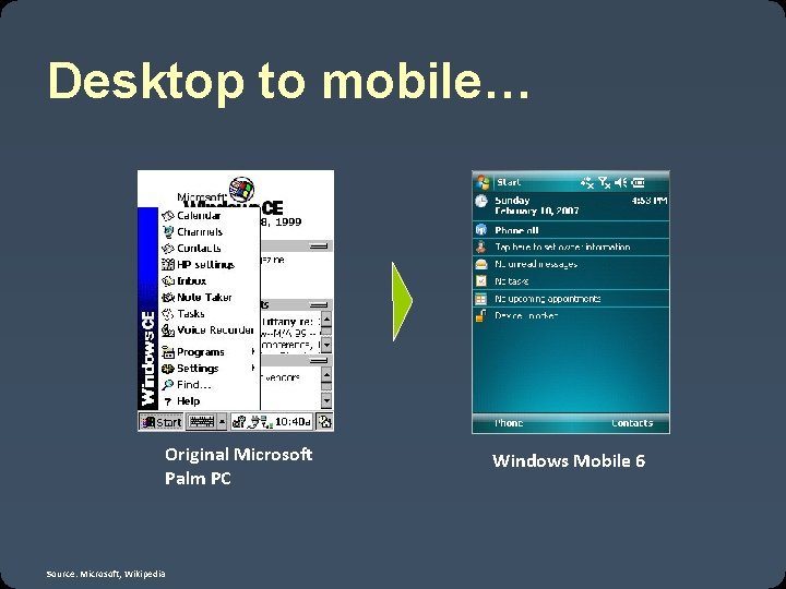Desktop to mobile… Original Microsoft Palm PC Source: Microsoft, Wikipedia Windows Mobile 6 
