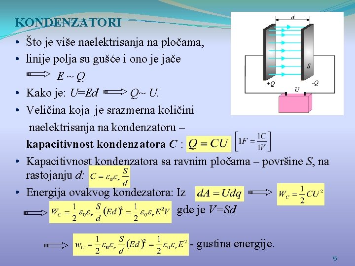 KONDENZATORI • Što je više naelektrisanja na pločama, • linije polјa su gušće i