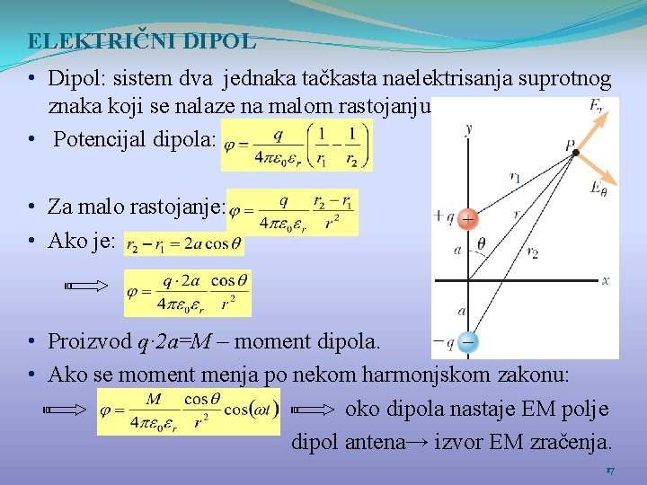 ELEKTRIČNI DIPOL • Dipol: sistem dva jednaka tačkasta naelektrisanja suprotnog znaka koji se nalaze