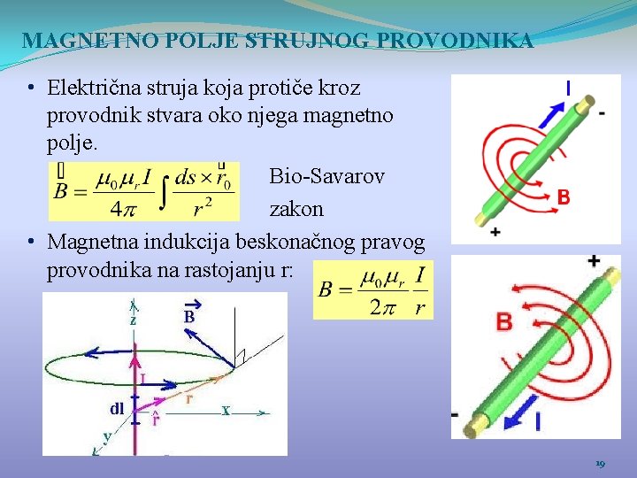 MAGNETNO POLJE STRUJNOG PROVODNIKA • Električna struja koja protiče kroz provodnik stvara oko njega