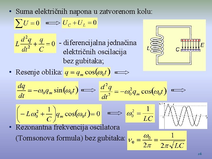  • Suma električnih napona u zatvorenom kolu: - diferencijalna jednačina električnih oscilacija bez