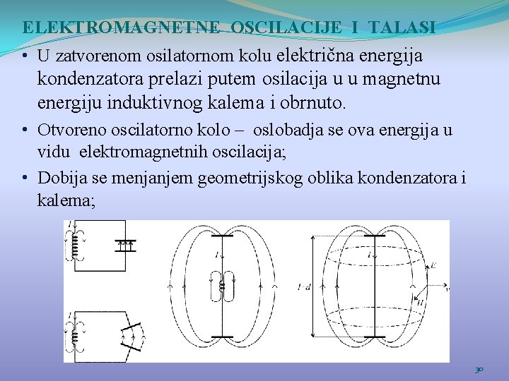 ELEKTROMAGNETNE OSCILACIJE I TALASI • U zatvorenom osilatornom kolu električna energija kondenzatora prelazi putem