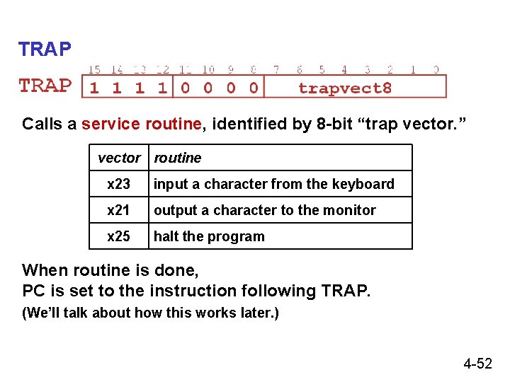TRAP Calls a service routine, identified by 8 -bit “trap vector. ” vector routine