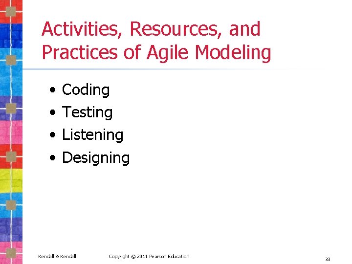 Activities, Resources, and Practices of Agile Modeling • • Coding Testing Listening Designing Kendall