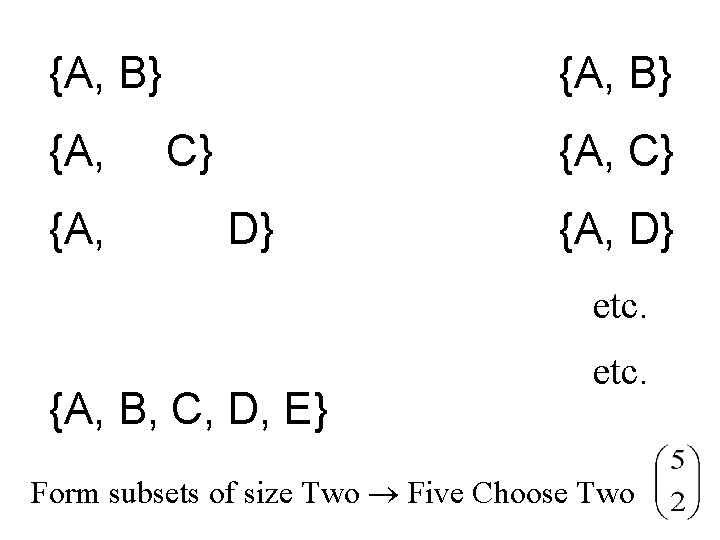 {A, B} {A, B} C} {A, C} D} {A, D} etc. {A, B, C,