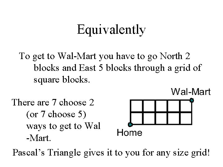 Equivalently To get to Wal-Mart you have to go North 2 blocks and East