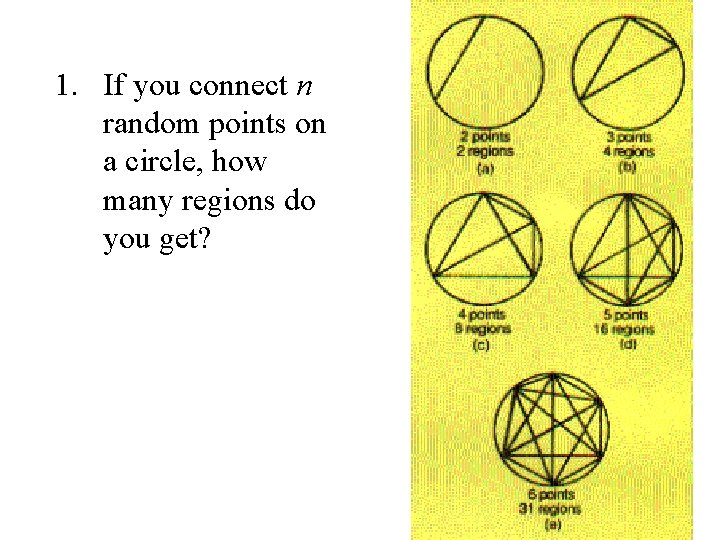 1. If you connect n random points on a circle, how many regions do