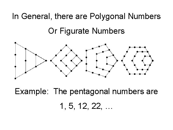 In General, there are Polygonal Numbers Or Figurate Numbers Example: The pentagonal numbers are