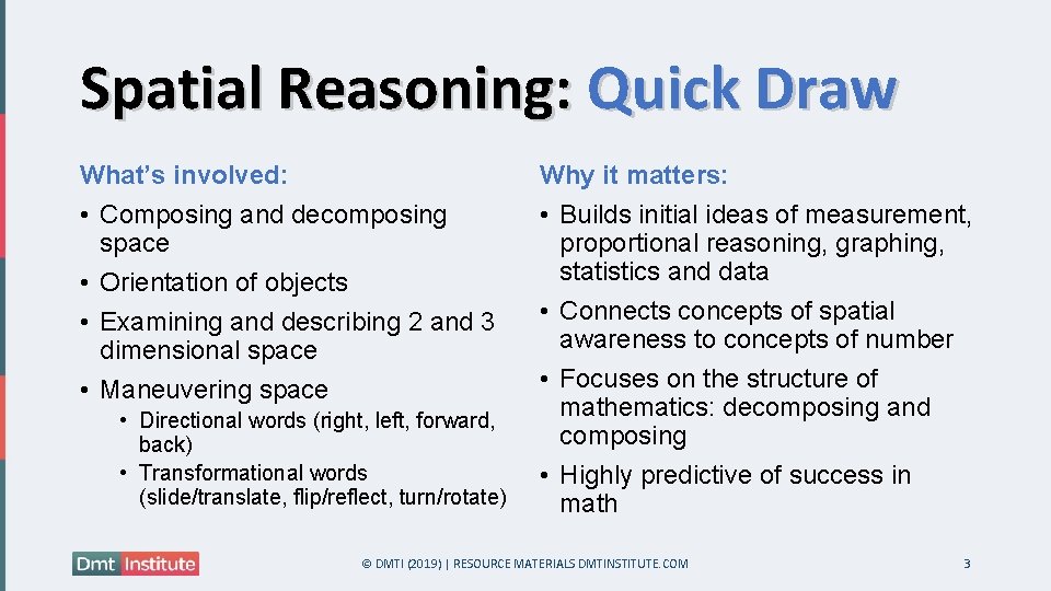 Spatial Reasoning: Quick Draw What’s involved: • Composing and decomposing space • Orientation of