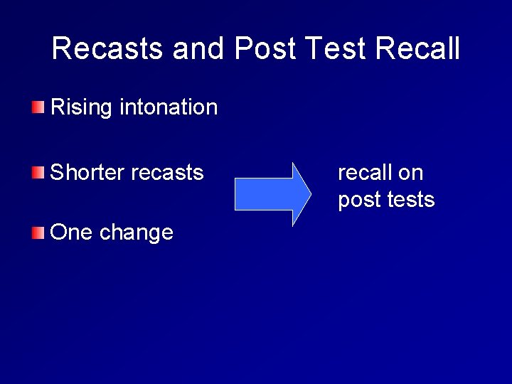 Recasts and Post Test Recall Rising intonation Shorter recasts One change recall on post