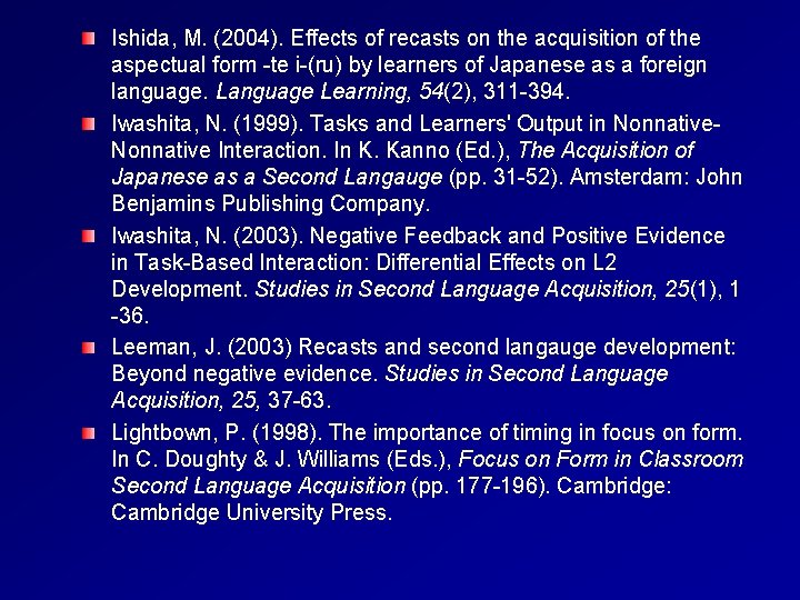 Ishida, M. (2004). Effects of recasts on the acquisition of the aspectual form -te