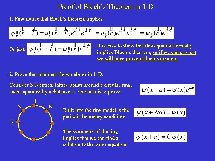 Proof of Bloch’s Theorem in 1 -D 1. First notice that Bloch’s theorem implies: Proof of Bloch’s Theorem in 1 -D 1. First notice that Bloch’s theorem implies: