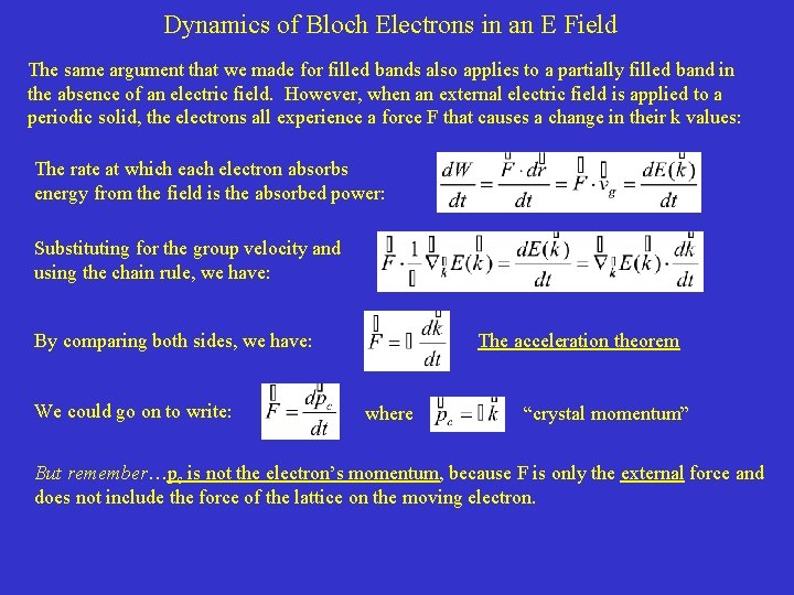Dynamics of Bloch Electrons in an E Field The same argument that we made Dynamics of Bloch Electrons in an E Field The same argument that we made