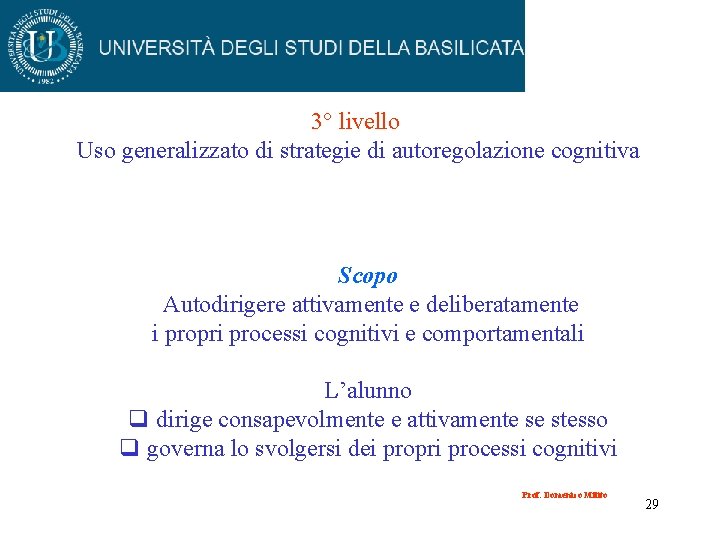 3° livello Uso generalizzato di strategie di autoregolazione cognitiva Scopo Autodirigere attivamente e deliberatamente