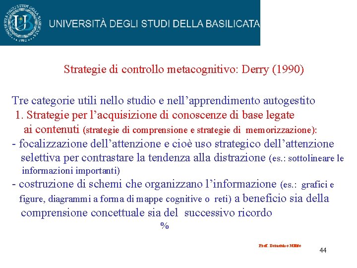 Strategie di controllo metacognitivo: Derry (1990) Tre categorie utili nello studio e nell’apprendimento autogestito