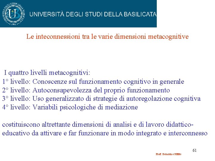 Le inteconnessioni tra le varie dimensioni metacognitive I quattro livelli metacognitivi: 1° livello: Conoscenze