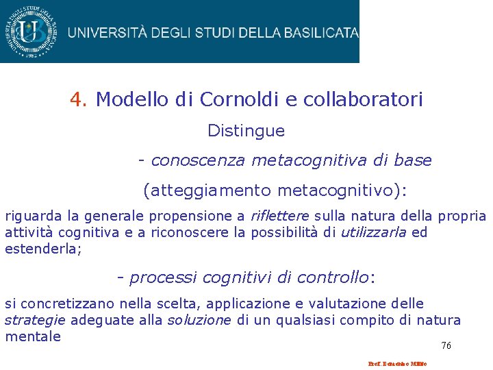 4. Modello di Cornoldi e collaboratori Distingue - conoscenza metacognitiva di base (atteggiamento metacognitivo):