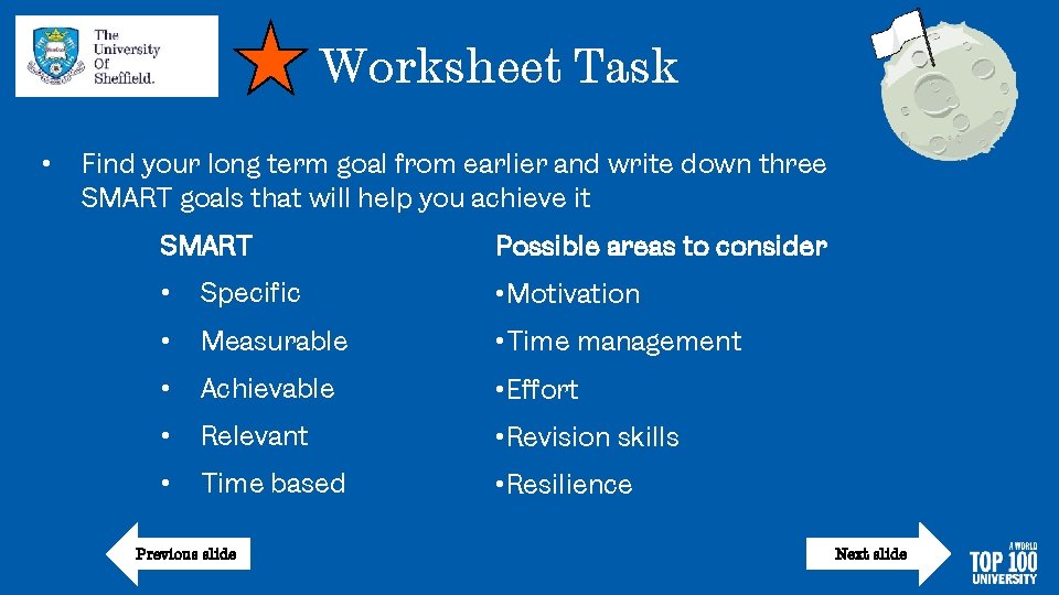 Worksheet Task • Find your long term goal from earlier and write down three