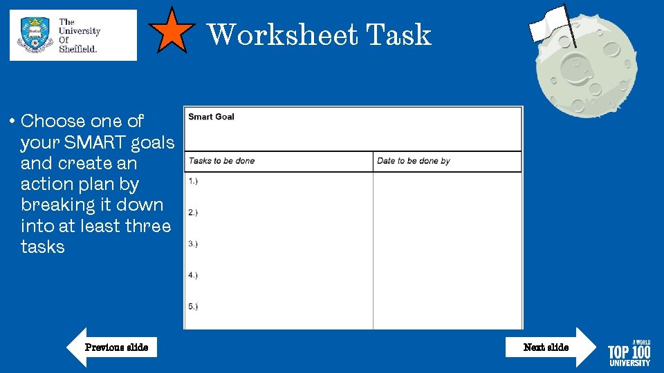 Worksheet Task • Choose one of your SMART goals and create an action plan