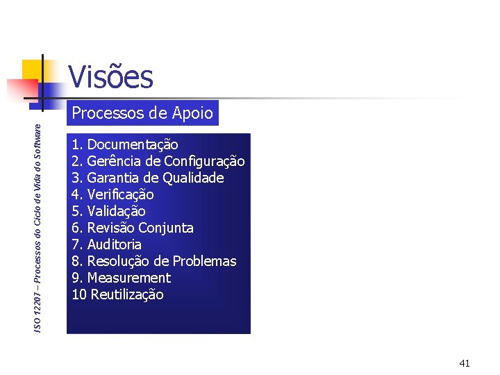 Visões ISO 12207 – Processos do Ciclo de Vida do Software Processos de Apoio