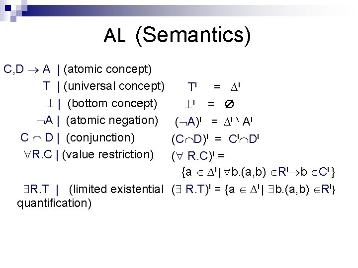 AL (Semantics) C, D A | (atomic concept) T | (universal concept) TI =