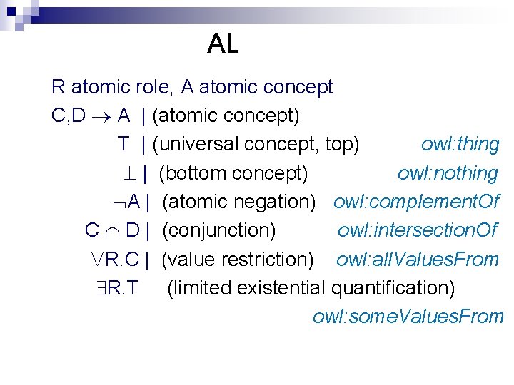 AL R atomic role, A atomic concept C, D A | (atomic concept) T