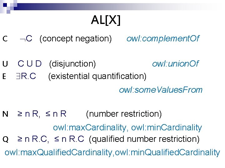 AL[X] C C (concept negation) owl: complement. Of U C U D (disjunction) owl: