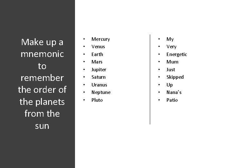 Make up a mnemonic to remember the order of the planets from the sun