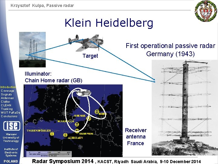 Krzysztof Kulpa, Passive radar Klein Heidelberg Target First operational passive radar Germany (1943) Illuminator: