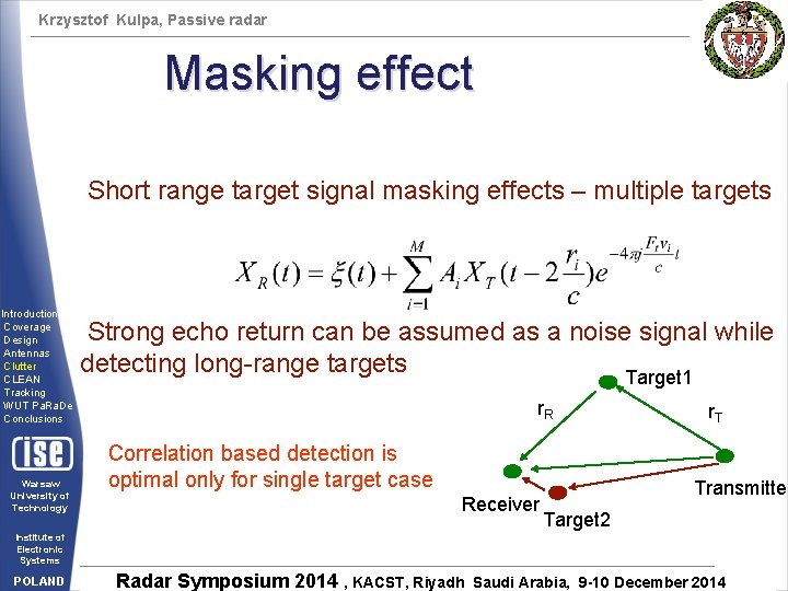 Krzysztof Kulpa, Passive radar Masking effect Short range target signal masking effects – multiple