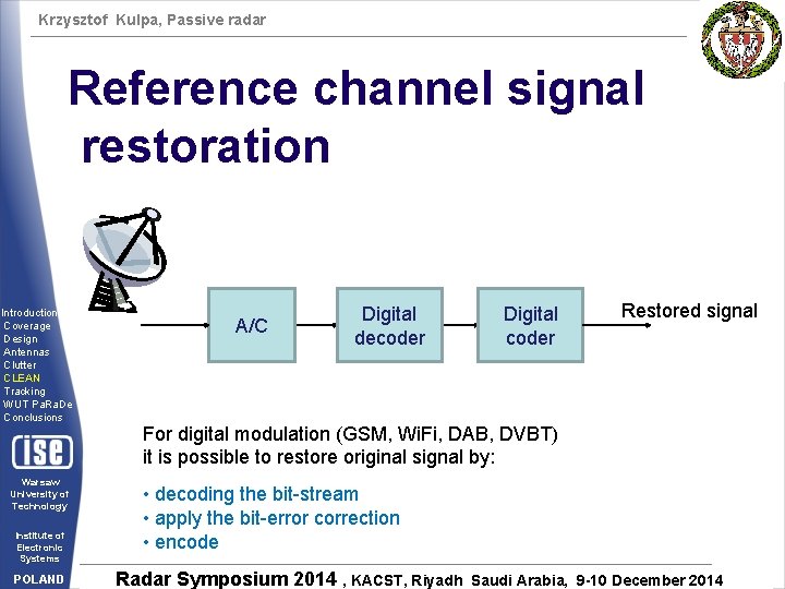 Krzysztof Kulpa, Passive radar Reference channel signal restoration Introduction Coverage Design Antennas Clutter CLEAN