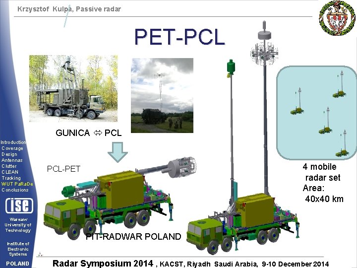 Krzysztof Kulpa, Passive radar PET-PCL GUNICA PCL Introduction Coverage Design Antennas Clutter CLEAN Tracking