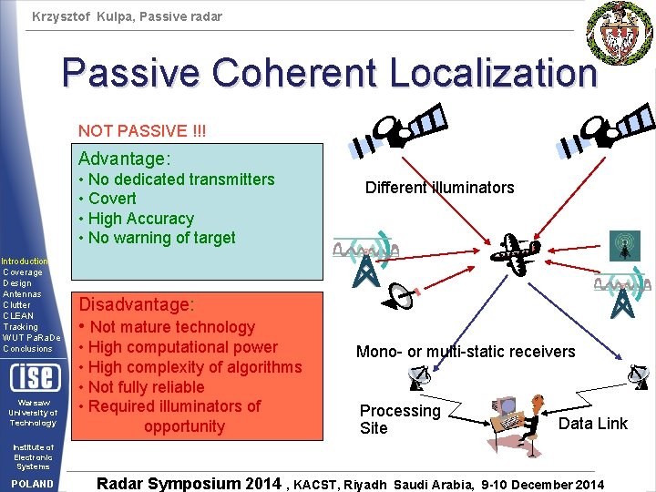 Krzysztof Kulpa, Passive radar Passive Coherent Localization NOT PASSIVE !!! Advantage: • No dedicated