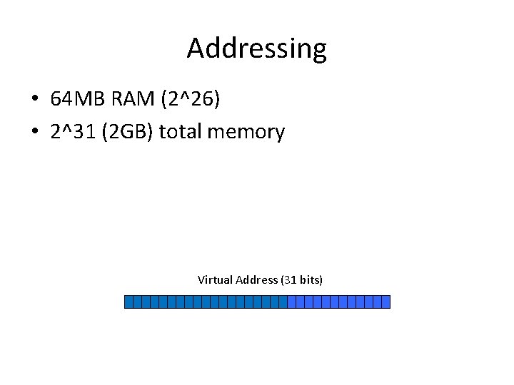 Addressing • 64 MB RAM (2^26) • 2^31 (2 GB) total memory Virtual Address