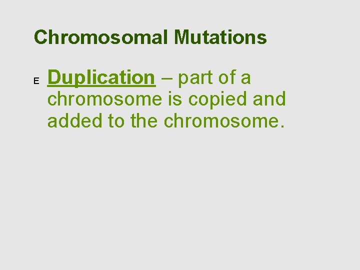 Chromosomal Mutations E Duplication – part of a chromosome is copied and added to