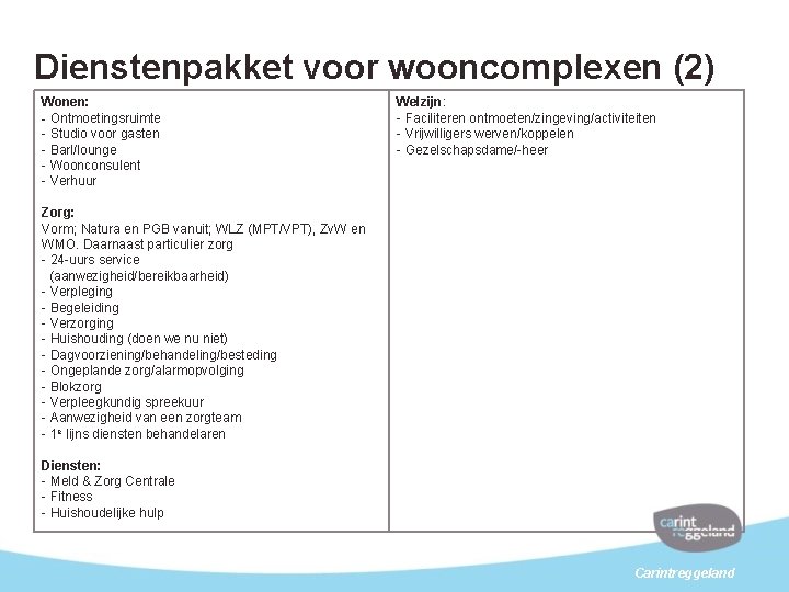 Dienstenpakket voor wooncomplexen (2) Wonen: - Ontmoetingsruimte - Studio voor gasten - Barl/lounge -