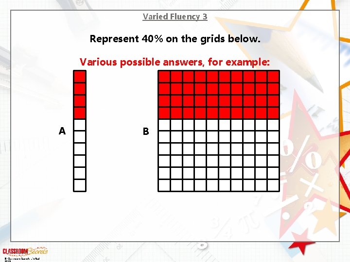 Varied Fluency 3 Represent 40% on the grids below. Various possible answers, for example: