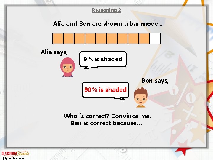 Reasoning 2 Alia and Ben are shown a bar model. Alia says, 9% is
