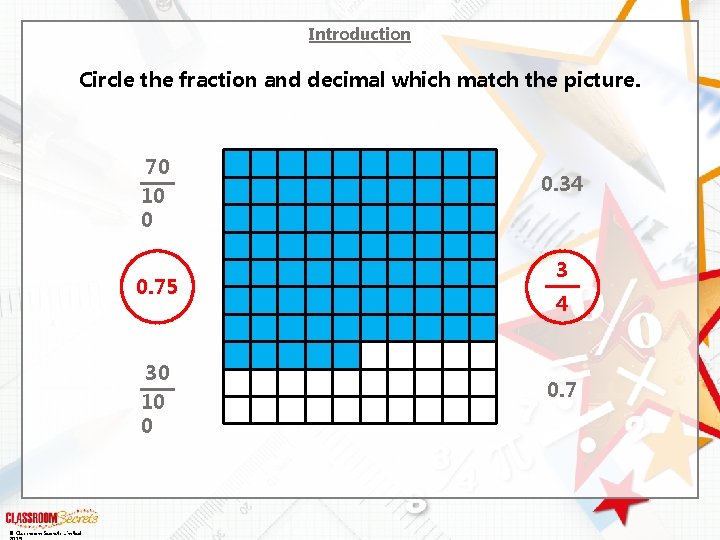 Introduction Circle the fraction and decimal which match the picture. 70 10 0 0.