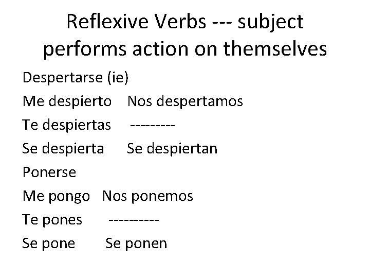 Reflexive Verbs --- subject performs action on themselves Despertarse (ie) Me despierto Nos despertamos