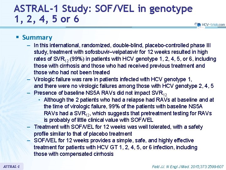 ASTRAL-1 Study: SOF/VEL in genotype 1, 2, 4, 5 or 6 § Summary –