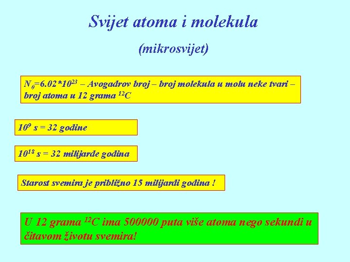 Svijet atoma i molekula (mikrosvijet) N 0=6. 02*1023 – Avogadrov broj – broj molekula